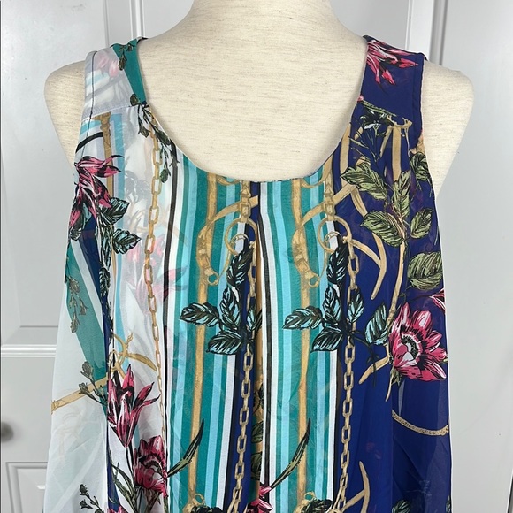 NWT Gorgeous Roz & Ali Asymmetrical Blue and Green Flowy Blouse - Size Large - Picture 2 of 12